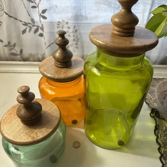 Set of Three Colorful Glass Jars with Wooden Lids - Picture 3 of 16